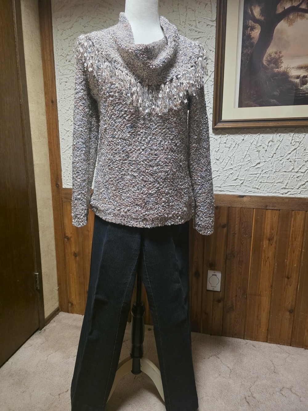 Source Unknown Taupe Fringe Cowl-Neck Sweater